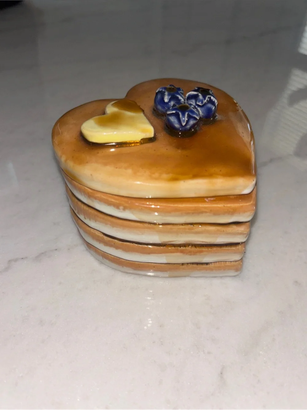 Ceramic Heart Stack Pancake Trinket Box - Syrup , Butter & Blueberry Accent RARE